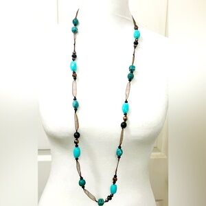 Cookie Lee Necklace Faux Turquoise  Beaded Organza Ribbon Signed 36" Long
